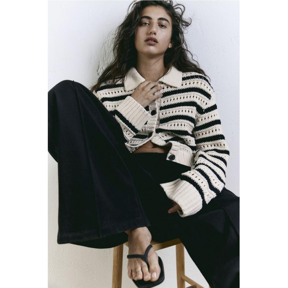 

Кардиган с вязаным воротником HM светло-бежевого цвета в полоску