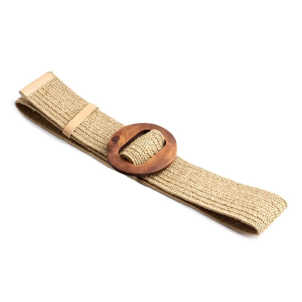 Round Wooden Buckle Dress Belt For Women Elastic Straw Belt Casual Braided Wide Strap Woven Girls PP Fashion Female Designer