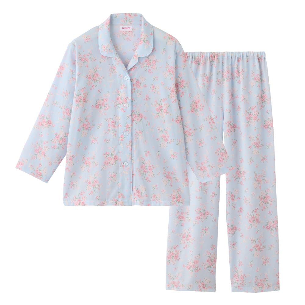 

Gunze Long Sleeve Pajamas with Elastic Sleeve and Leg Mesh Sax Women s Holes, Back,