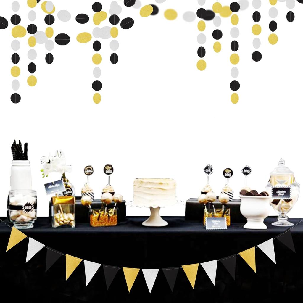 Silver Black Gold Party Decorations - 2Pcs Paper Pennant Banner Flags Men Birthday New Years Eve Retirement Graduation Anniversary Classroom Office