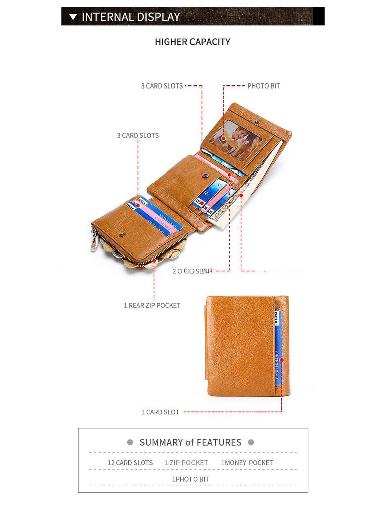 Trifold Retro RFID Leather Wallet for Men - Short Anti-Theft with Multiple Card Slots