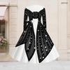 Women Plus Size V Neck Long Sleeve Black White Printed A Line Flared Dress With Belt