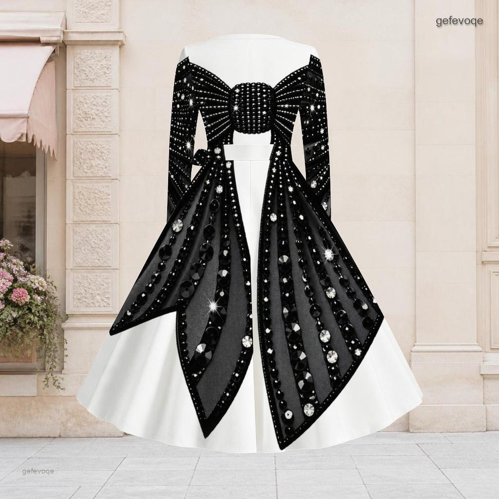 Women Plus Size V Neck Long Sleeve Black White Printed A Line Flared Dress With Belt