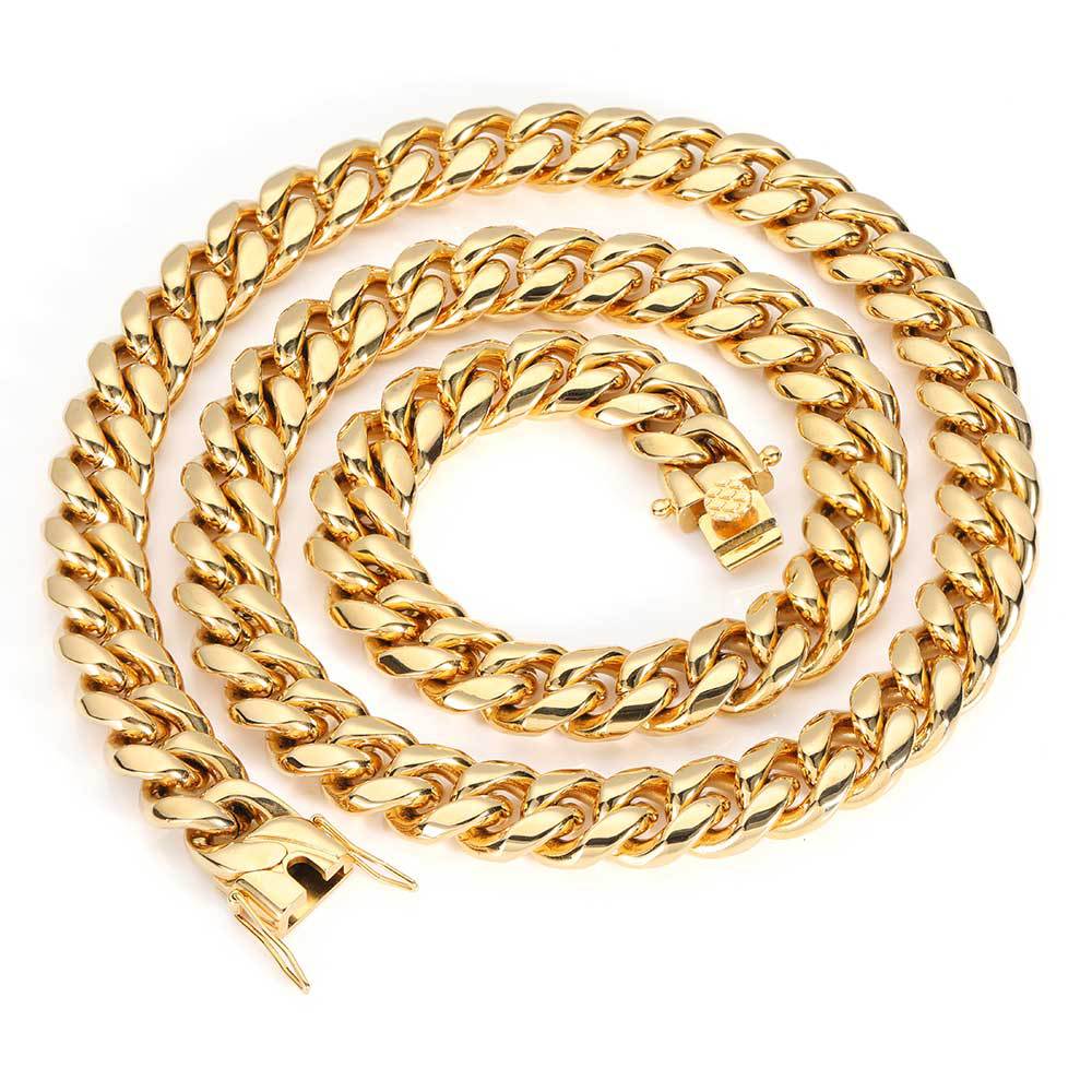 12MM 18k Gold Plated Lobster Buckle Stainless Steel Necklace Hip Hop Jewelry Men Miami Cuban Link Chain