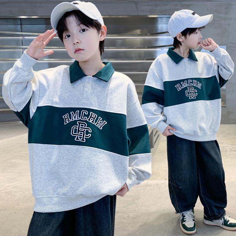 Children's Korean Retro Contrasting Polo Collar Sweatshirt with Cotton Fabric for Boys In Spring and Autumn, Long Sleeved Pullover Sweater