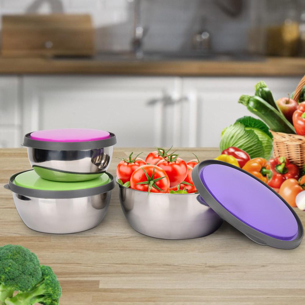 3Pcs Stainless Steel Seal Bowl with Lid Food Storage Box Container Kitchen Tool