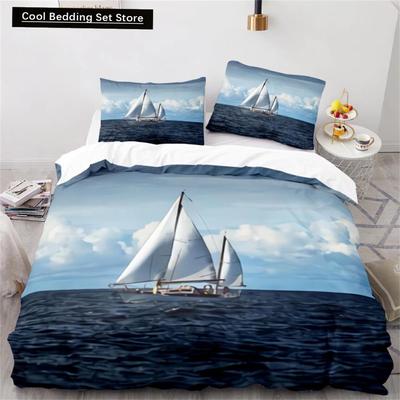 Wave Duvet Cover Set,Sea Ocean Nautical Bedding Set Sailboat Comforter Cover,Queen/King/Full/Twin Size Polyester Quilt Cover