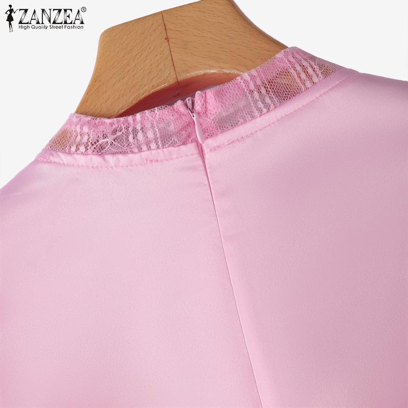 ZANZEA Women Casual V-Neck 3/4 Sleeve Mesh Patchwork Blouse