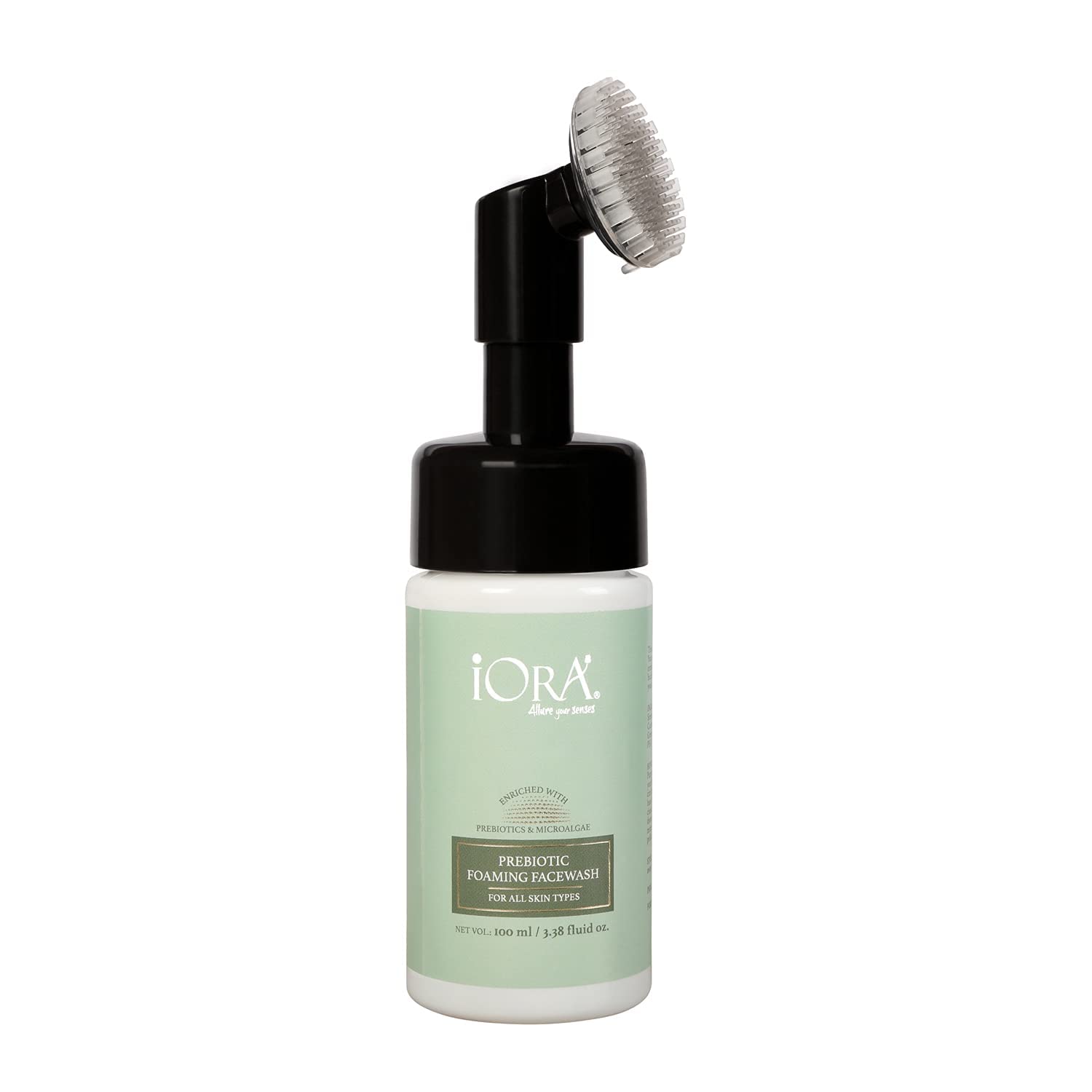 iORA Prebiotic Foaming Face Wash with Silicone Brush, 100g, Deep Cleansing Face Wash with Sea Buckthorn, Green Tea & Neem, Acne Control Face Cleans
