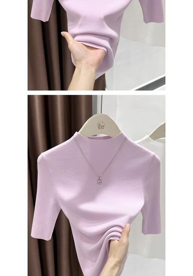 Women's Navy Blue Mid-Sleeve Sweater - Elegant High-End Knit Top with Stand Collar