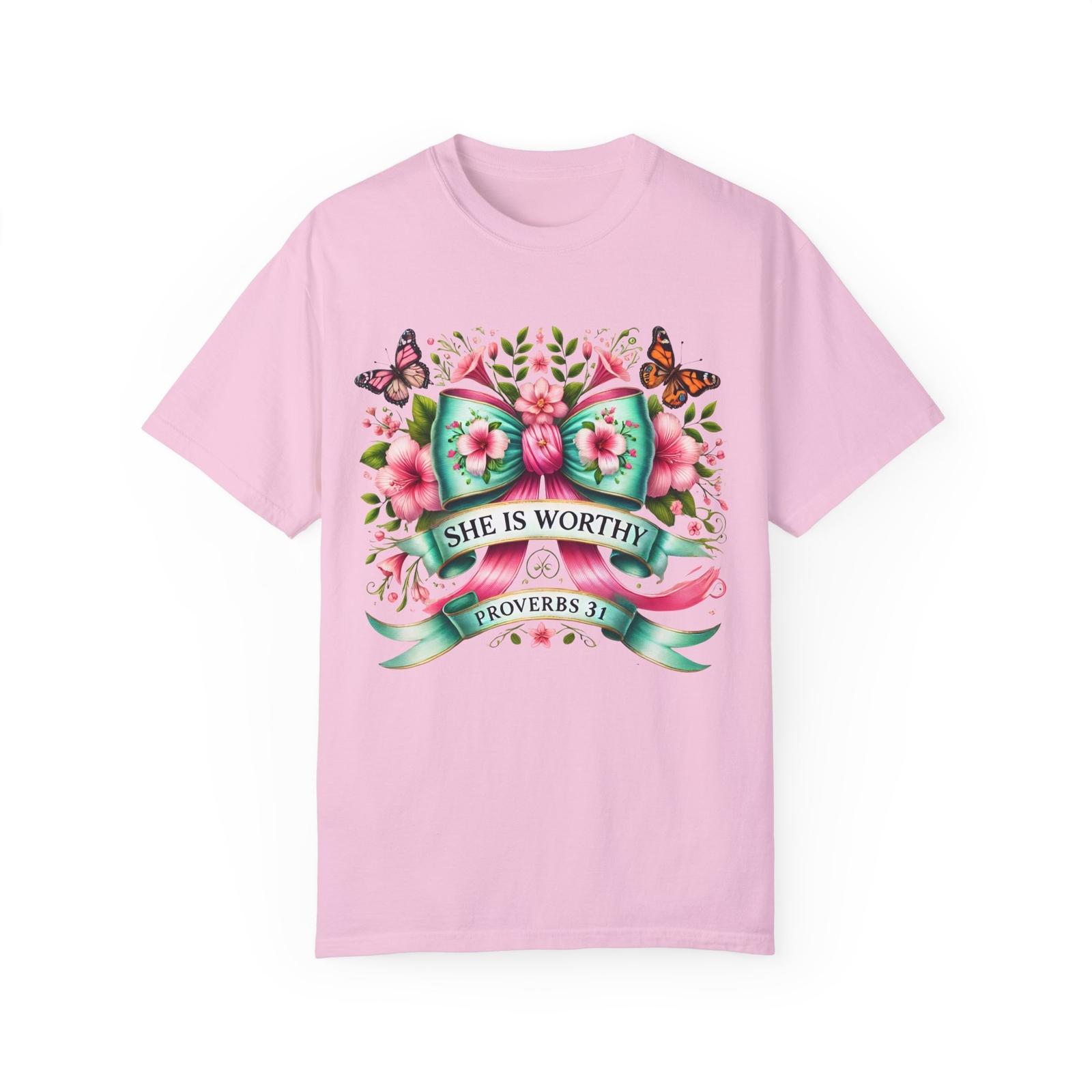 She is Worthy T-shirt, coquette bow butterfly tee Floral Shirt, Proverbs 31 M