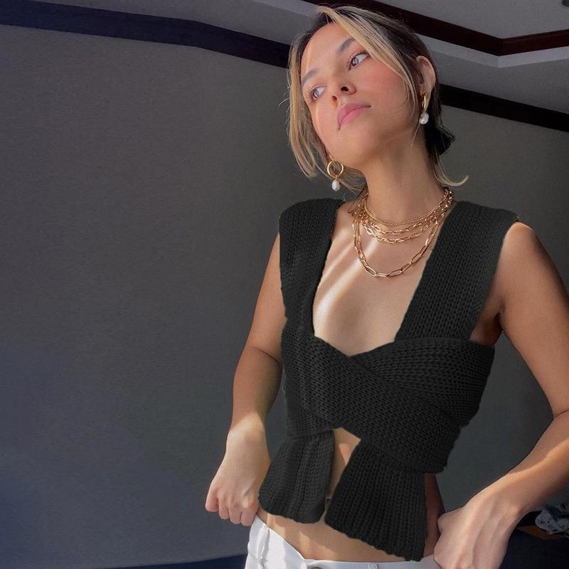 Women's New Sexy Cross Thick Knitted Top Slim Sexy Temperament Bottoming Woolen Knitted Vest