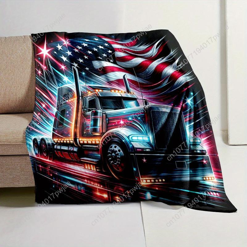 Cozy All-Season Flannel Blanket with Vibrant American Truck & Flag Design - Soft, Warm, Reversible Throw for Bed, Sofa, Camping, 180cmx230cm