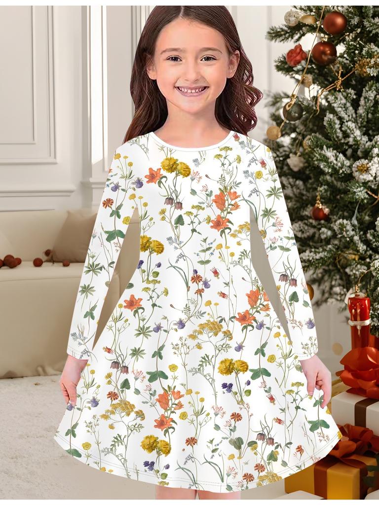 Mädchen Herbst- und Wintermodekleid, 3D-Blumendruck Rundhalsausschnitt Lang Kinder-T-Shirt-Kleid, Lässig Vielseitig, Weihnachtskleidung