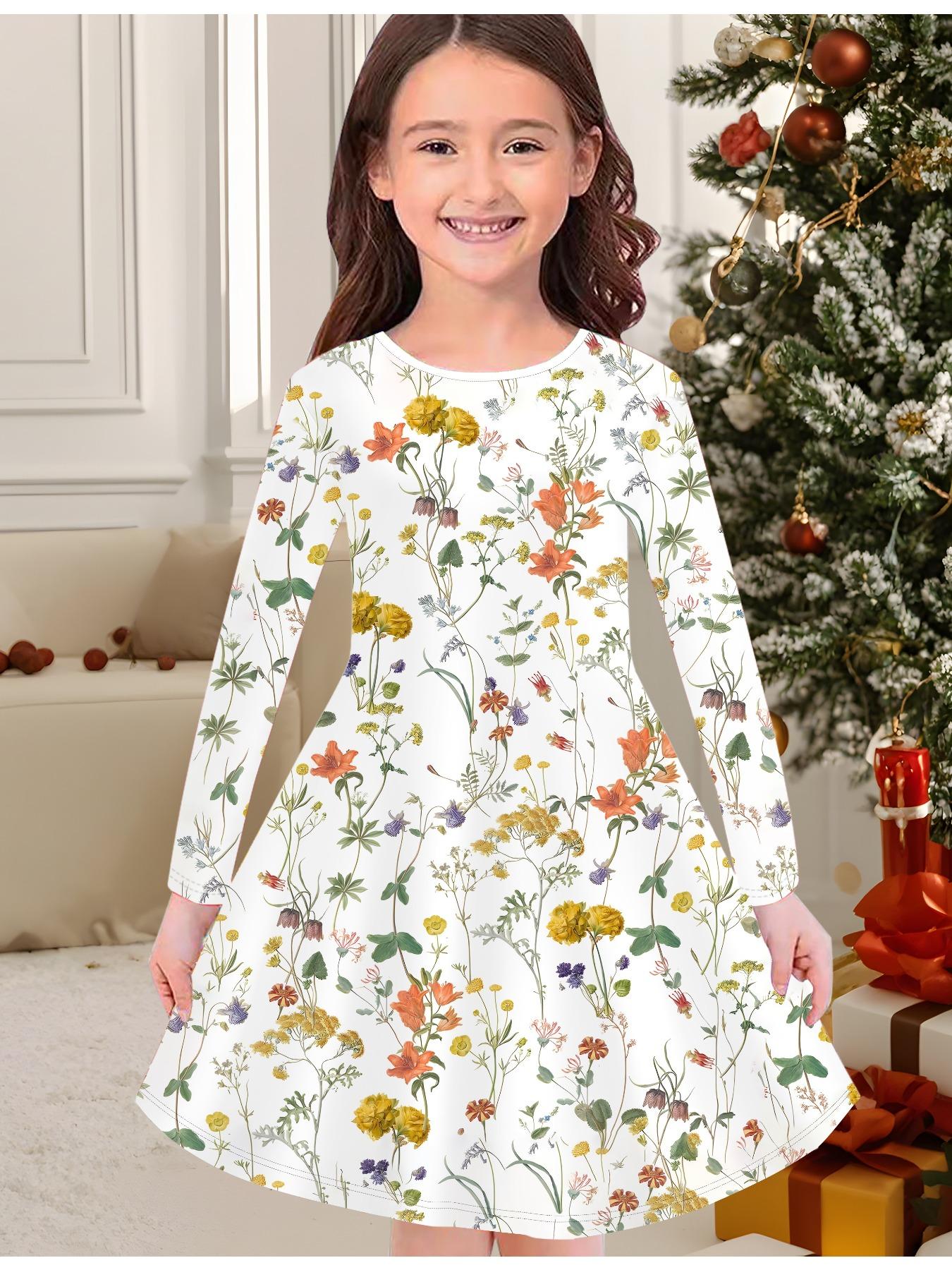 

Модна осіння та зимова сукня для дівчаток, сукня-футболка дитяча з довгим рукавом та круглим вирізом, з 3D квітковим принтом, повсякденна, універсальна, різдвяний одяг 170 помаранчевий