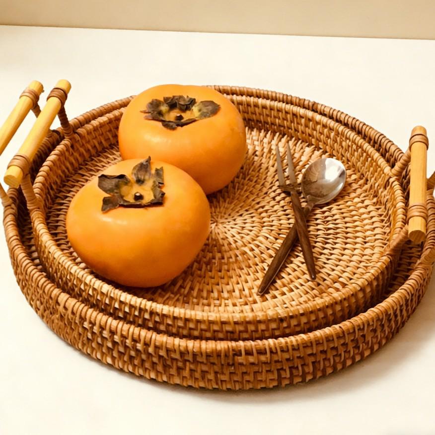 Vietnamese Rattan Handwoven Multi-Functional Storage Basket with Handles and Round Tray Design
