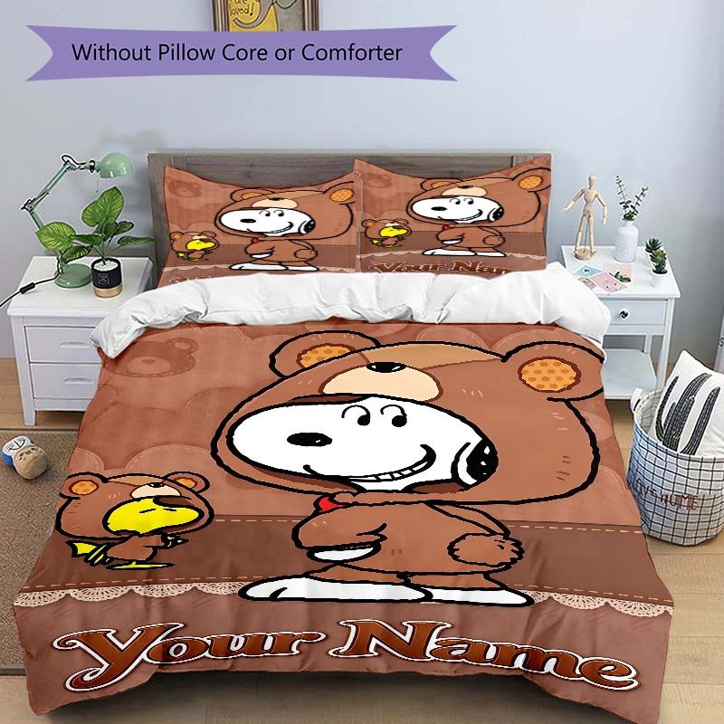 Snoopy Woodstock Bear Costumes Bedding Set Personalized Washable Custom 3Pcs Duvet Cover Pillowcases Soft Microfiber Home Bedroom Gift