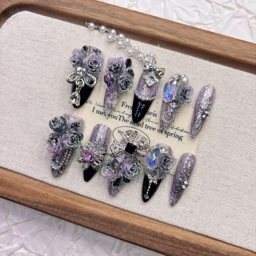Purple Handmade Medium-Length Pointed Butterfly False Nail Tips