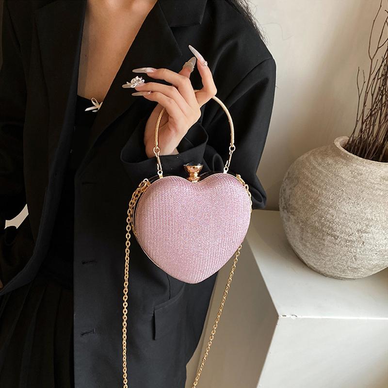 Guldglänsande sidenhjärta aftonväska damer bankettclutch strassdekor kedja axelväskor lyxiga kvinnliga fest handväskor
