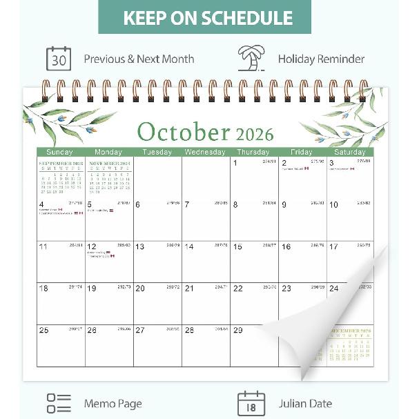 2026 Desk Calendar, Small Desktop Calendar Flip, Jan 2026 to Dec 2026, Standing Table Calendar with Stickers for Home School Work Office, (8" x 6")