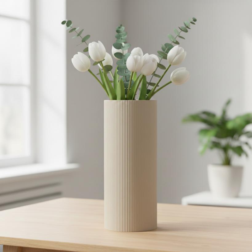 Decorative cylindrical beige vase for flowers, classic and elegant shape