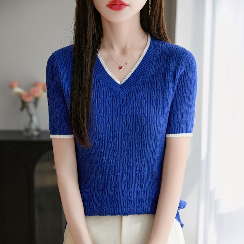 Hollow Cotton Knitted Sweater Short-sleeved T-shirt for Women In Summer Latest Style Large Size Belly-covering Top Thin Women