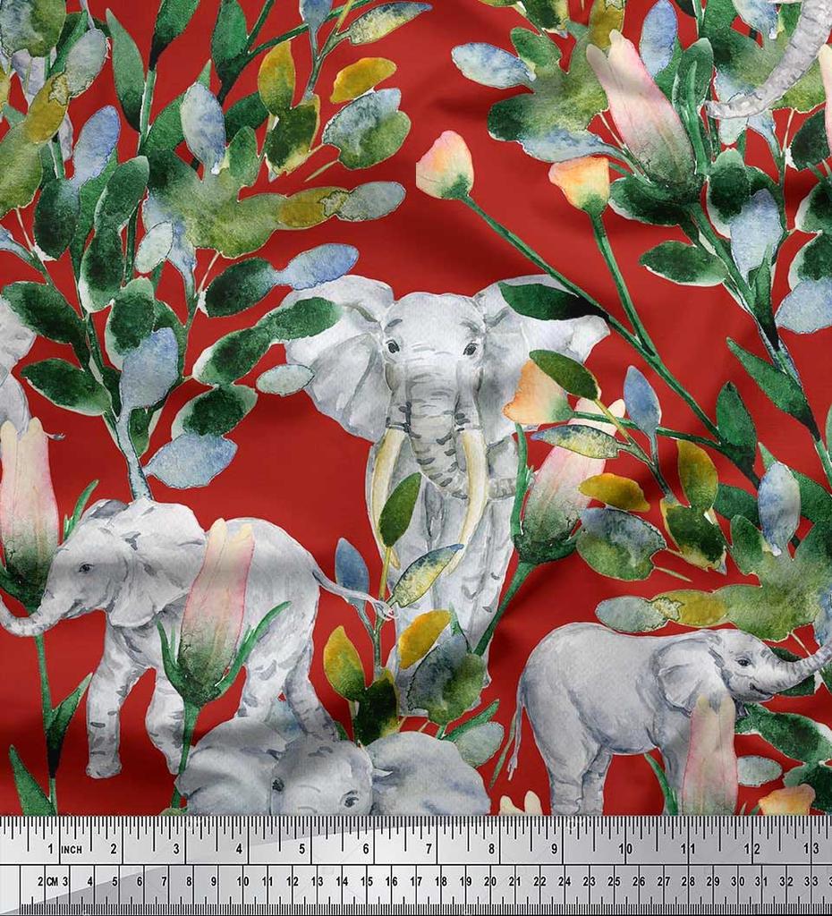 Soimoi Japan Crepe Satin Fabric Leaves,Floral & Elephant Animal Printed Craft Fabric by the metre 42 Inch