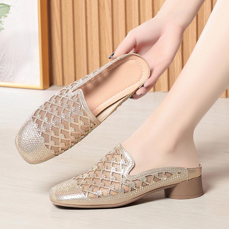 Summer 2025 Fashion Rhinestone Close Head Cutout Slippers Women Mules Breathable Slingback Soft Bottom Casual Shoes