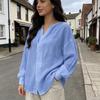Women Tops V Neck Long Sleeve Pure Color Mid-length Pullover Tops with Asymmetrical Slit Curved Hem Loose Fit Versatile Casual Shirt