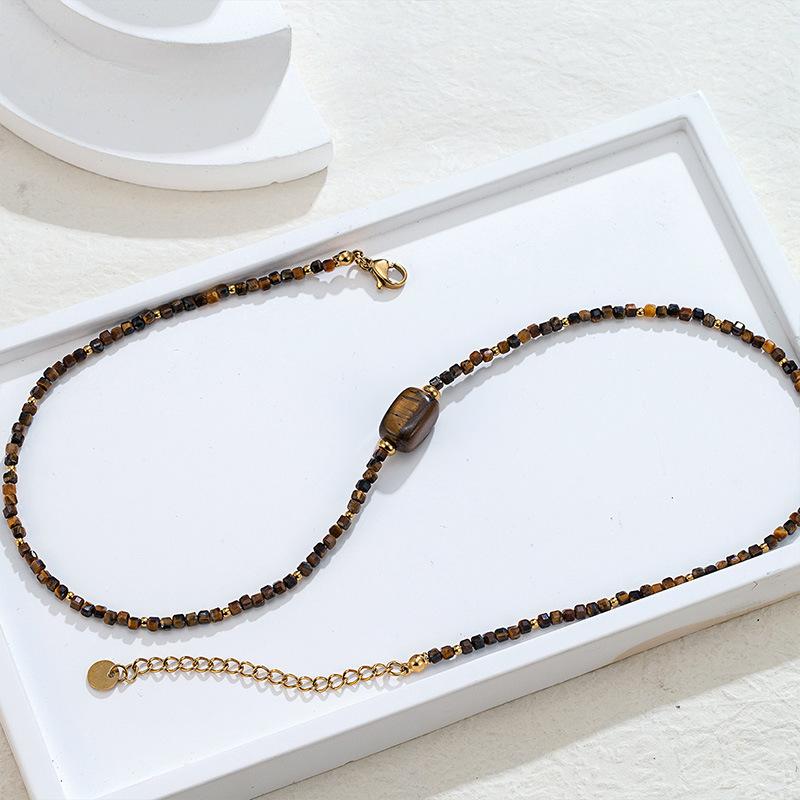 Vintage Maillard Tiger's Eye Beaded Necklace Women's Non-Fading Premium Sense Stacked Clavicle Chain Niche Pendant