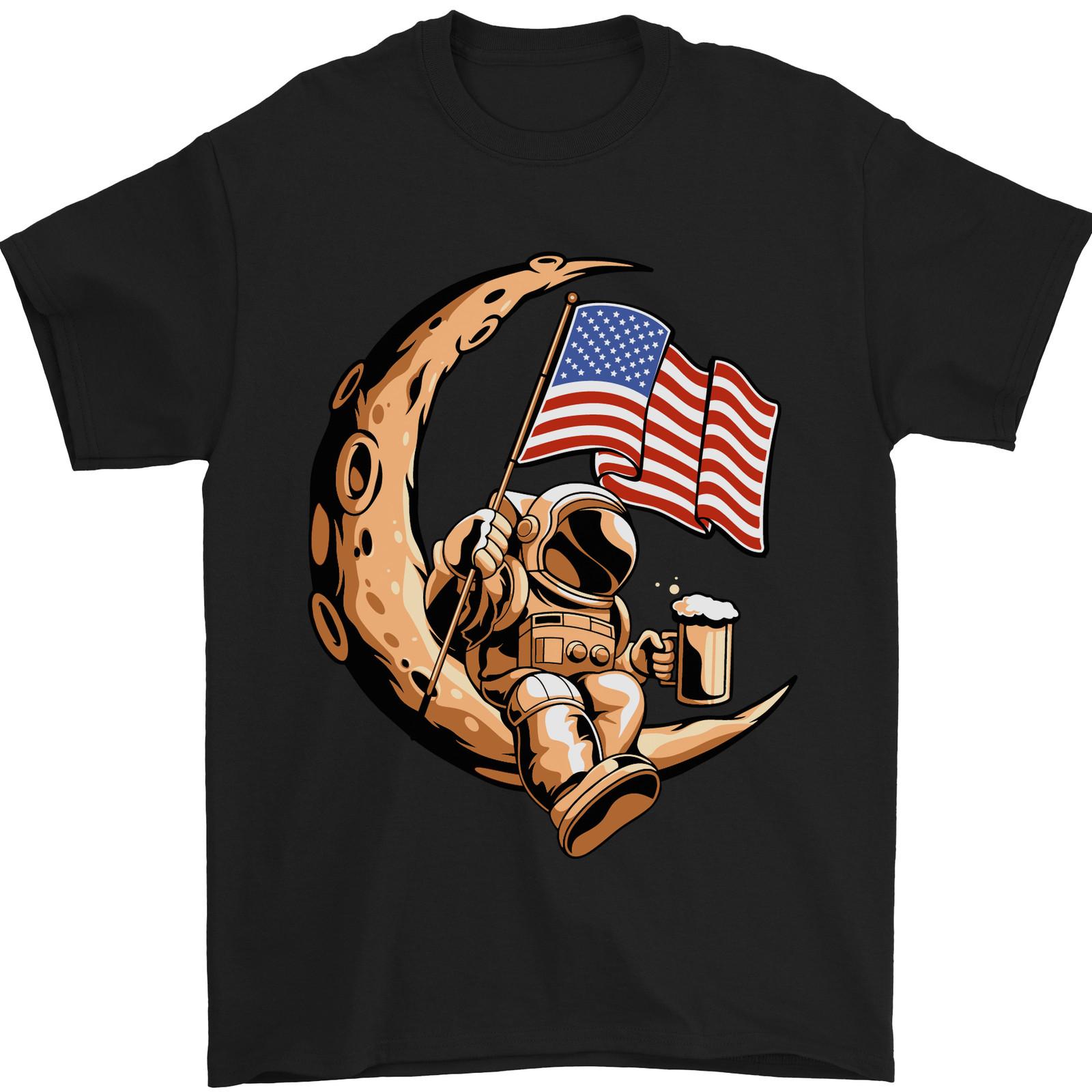 Beer Moon USA Flag Astronaut Space Alcohol Mens T-Shirt Cotton M