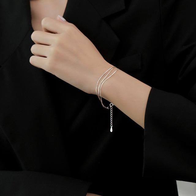 S925 Sterling Silver Double Layers Jednoduchý náramek pro ženy Temperament Elegantní Sweet Link Řetízkový náramek Šperky