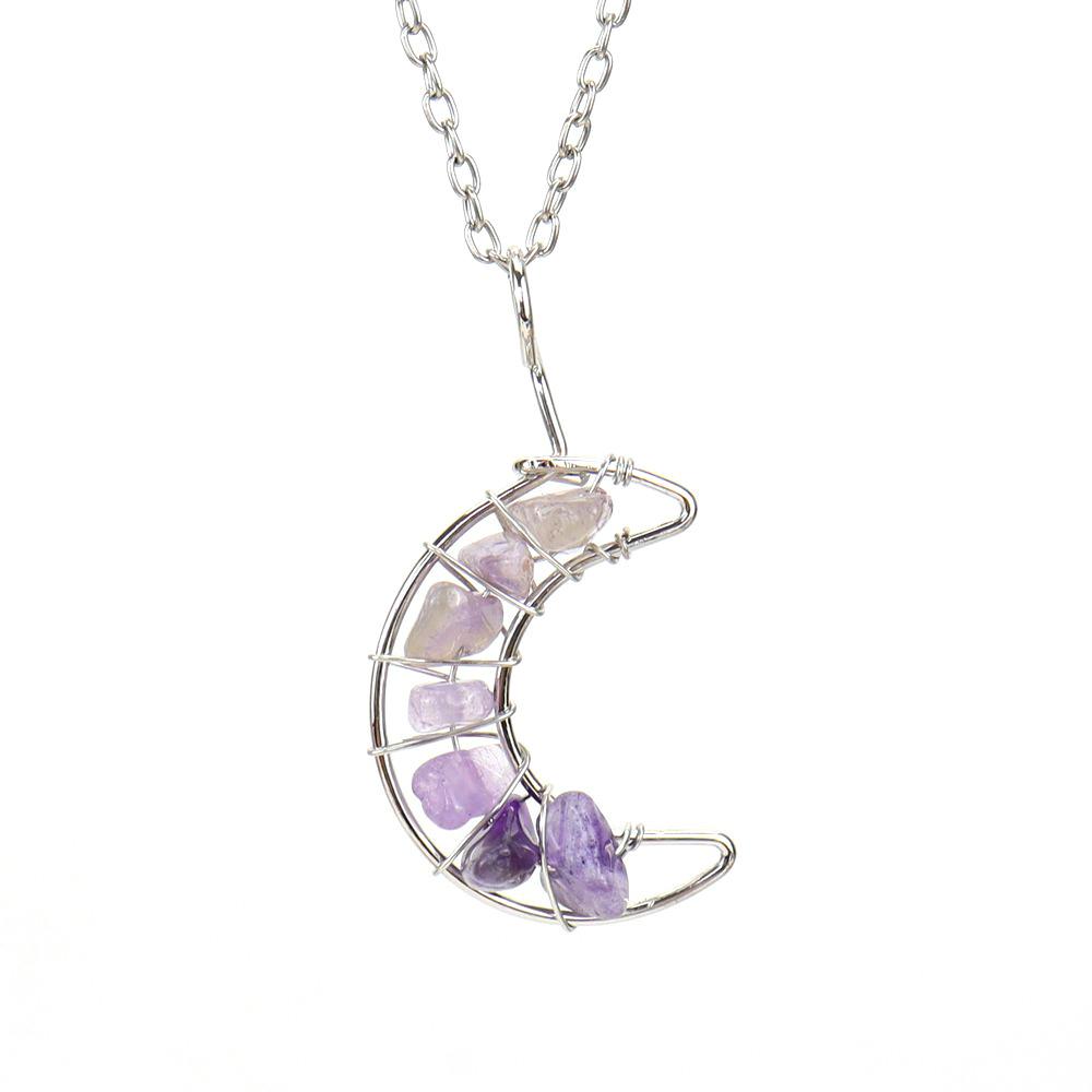 Silver Hand-Wound Colorful Gravel Bead Crystal Amethyst Moon Pendant Necklace N130