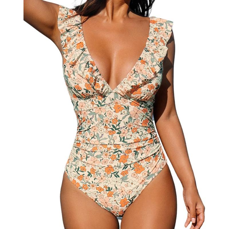 

Women s One-piece Swimsuit V-neck Swimsuit Ruffled Lace Swimwear L