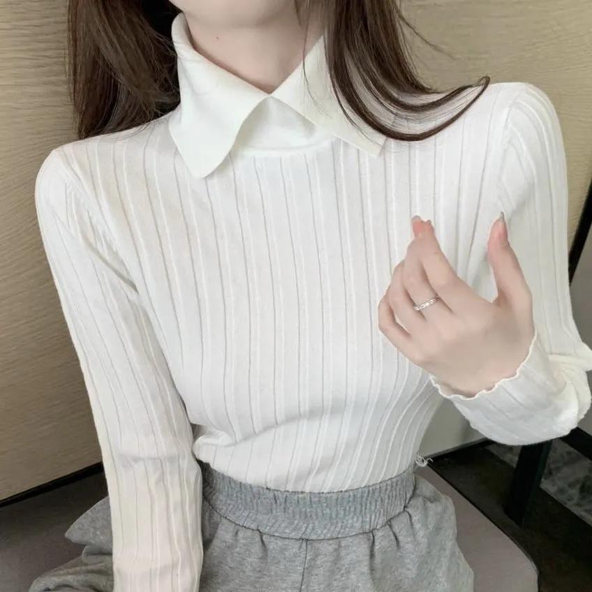 Polo Collar Women's Knitted Sweater Long Sleeve Slim Fit Pullovers for Women Autumn Winter Sweaters Soft Warm Bottoming Tops