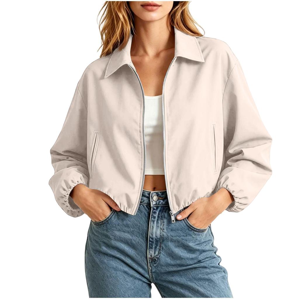 Women's Fashion Short Loose Fit Puffy Zipper Long Sleeve Jacket Outerwear
