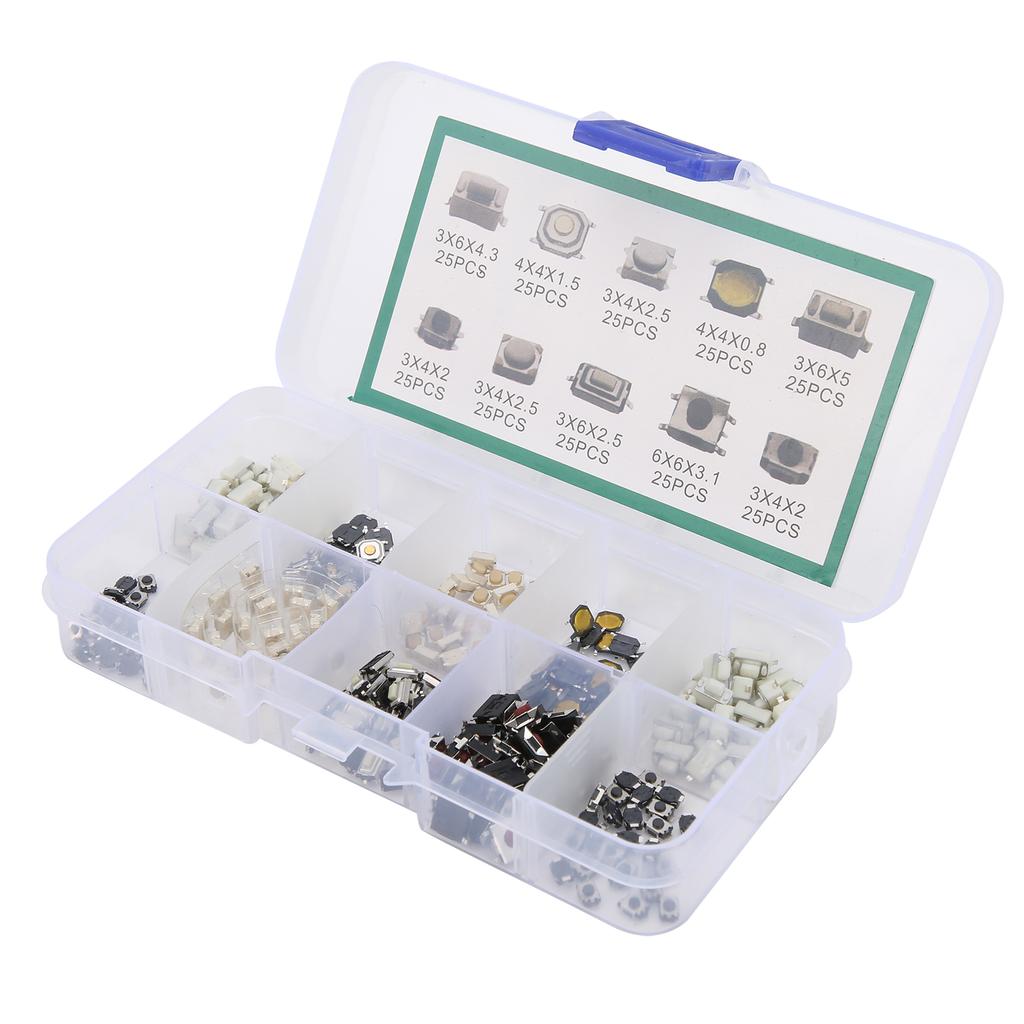 250Pcs Tactile Push Button Switch 10 Types Micro Switch Kit for DIY Electronic Products