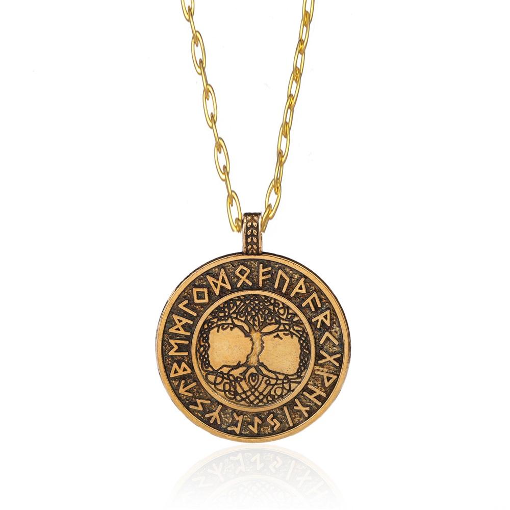 Teamer Wicca Round Necklace Men Norse Viking Runes Tree of Life Seal Pendants Wax Cord Link Chain Men's Necklace Jewelry Gifts