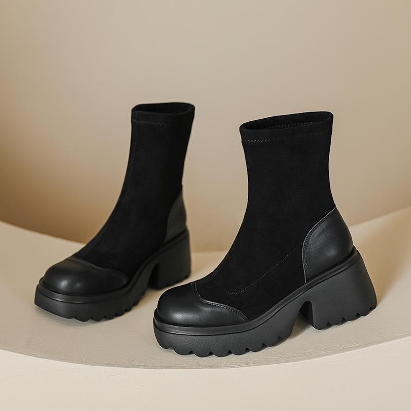 Silky suede Martin boots short boots women's 2025 autumn and winter new thick heel elastic boots 7cm high heel slim boots women