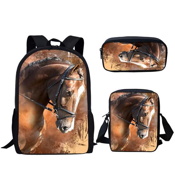 Klassieke Paarden Rugzakken tassen 3D Print 3 stuks/Set leerling Schooltassen Laptop Dagrugzak Rugzak Schuine schoudertas Etui
