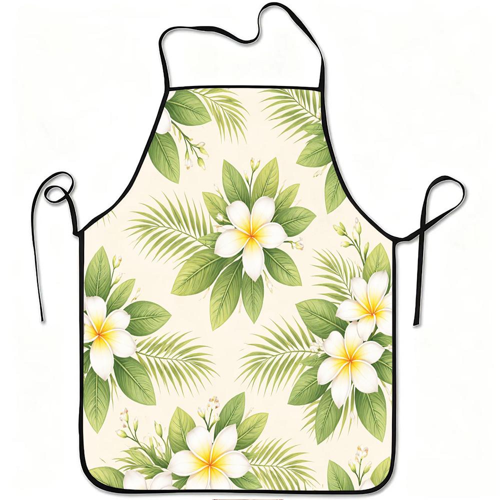 1pc Tropical Plumeria Flower And Palm Leaf Print Apron, Durable And Easy to Clean, Adjustable Waistband, Polyester Material, for Kitchen Cooking, Gard