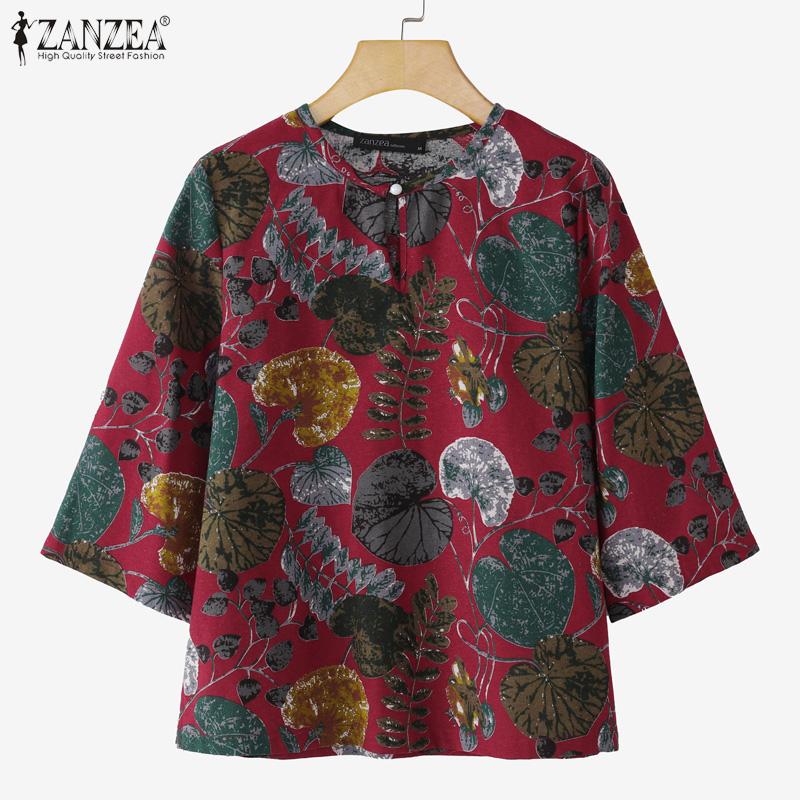 ZANZEA Women Casual Round Neck Loose 3/4 Sleeve Print Cotton Blouse