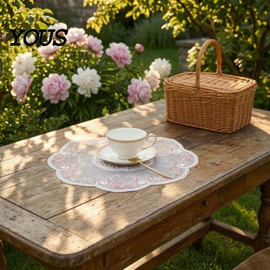 Decorative Lace Mats for Tea Party Round Sheer Doily, Floral Embroidered Placemat, Vintage Style Table Accessories Kitchen Mat Dining Table,