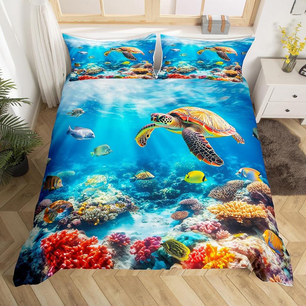 Sea Turtle Duvet Cover 3D Turtle Bedding Set Ocean Marine Theme Comforter Cover For Boys Girls Underwater Animal Pattern Bed Set