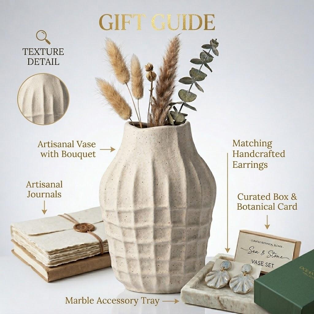 Textured Grid Ceramic Vase, 8.3  Handcrafted Modern Flower Pot, Minimalist Sculptural Home Decor for Living Room & Table Centerpiece