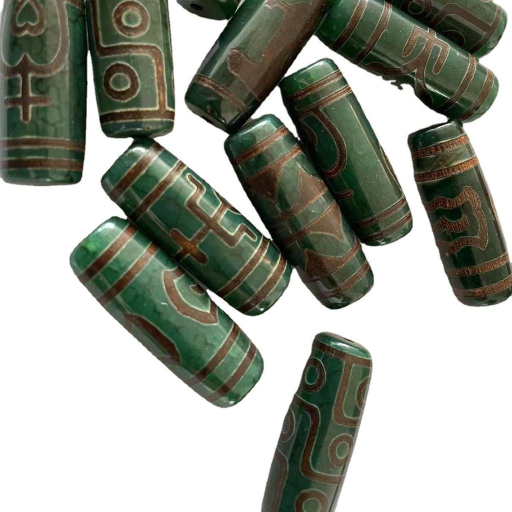 Tibetan Dzi Green Chalcedony Barrel Beads Locket with Patterned Pendant, 30cm Long