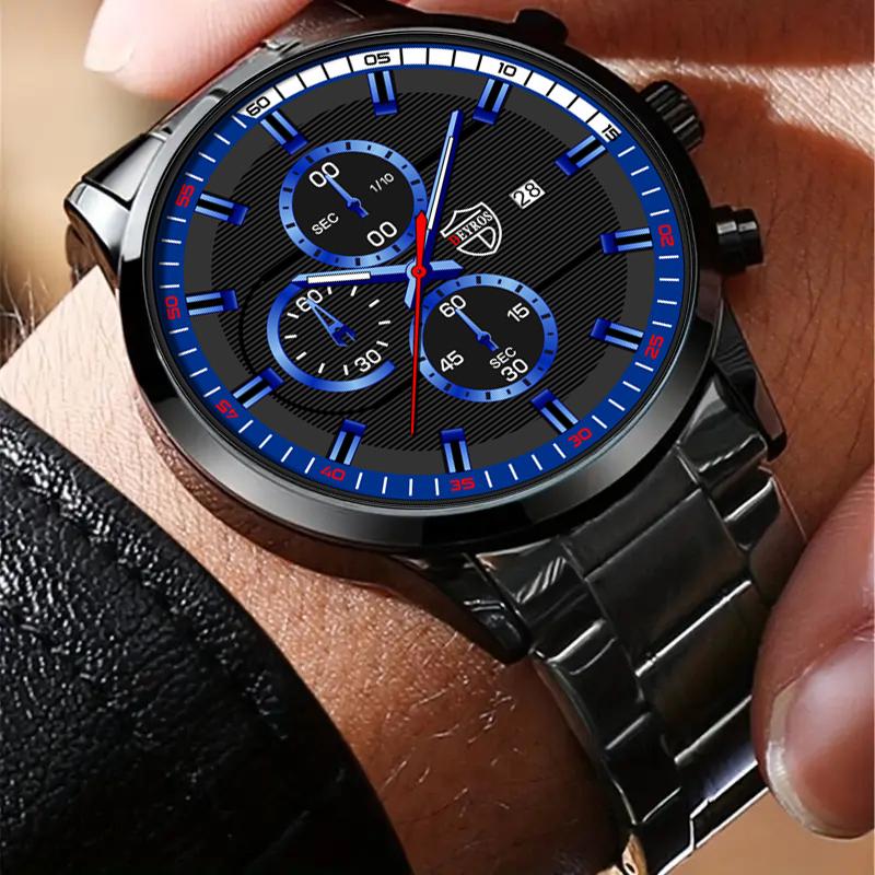 Fashion Men's Calendar Watch Mens Stainless Steel Wristwatch Casual Man Quartz Watches Bracelet Necklace Set Date Clock