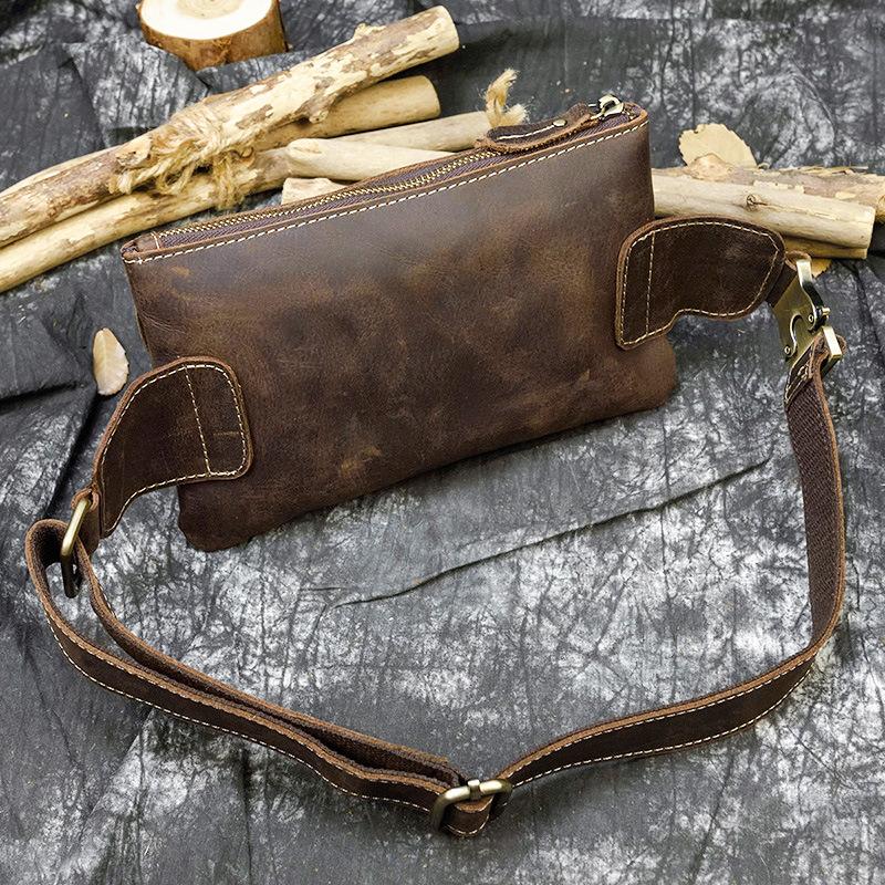 Retro Leather Waist Bag, Men's Crazy Horse Leather Chest Bag, Multifunctional Cowhide Crossbody Bag, Three-layer Cashier Bag