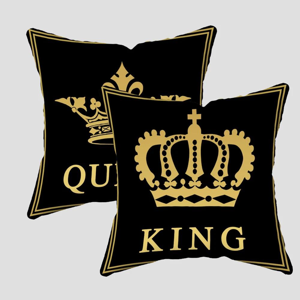 Negro Y Dorado Rey Y Reina Letra Cuadrado Decoración Hogar Oficina Funda De Almohada Cojín Almohada Suave Y No Destiñe