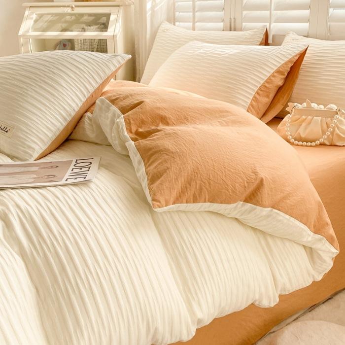 Washed Cotton Four-piece Set, Simple Bed Sheet Quilt Cover, Dormitory Pure Cotton Solid Color Three-piece Set